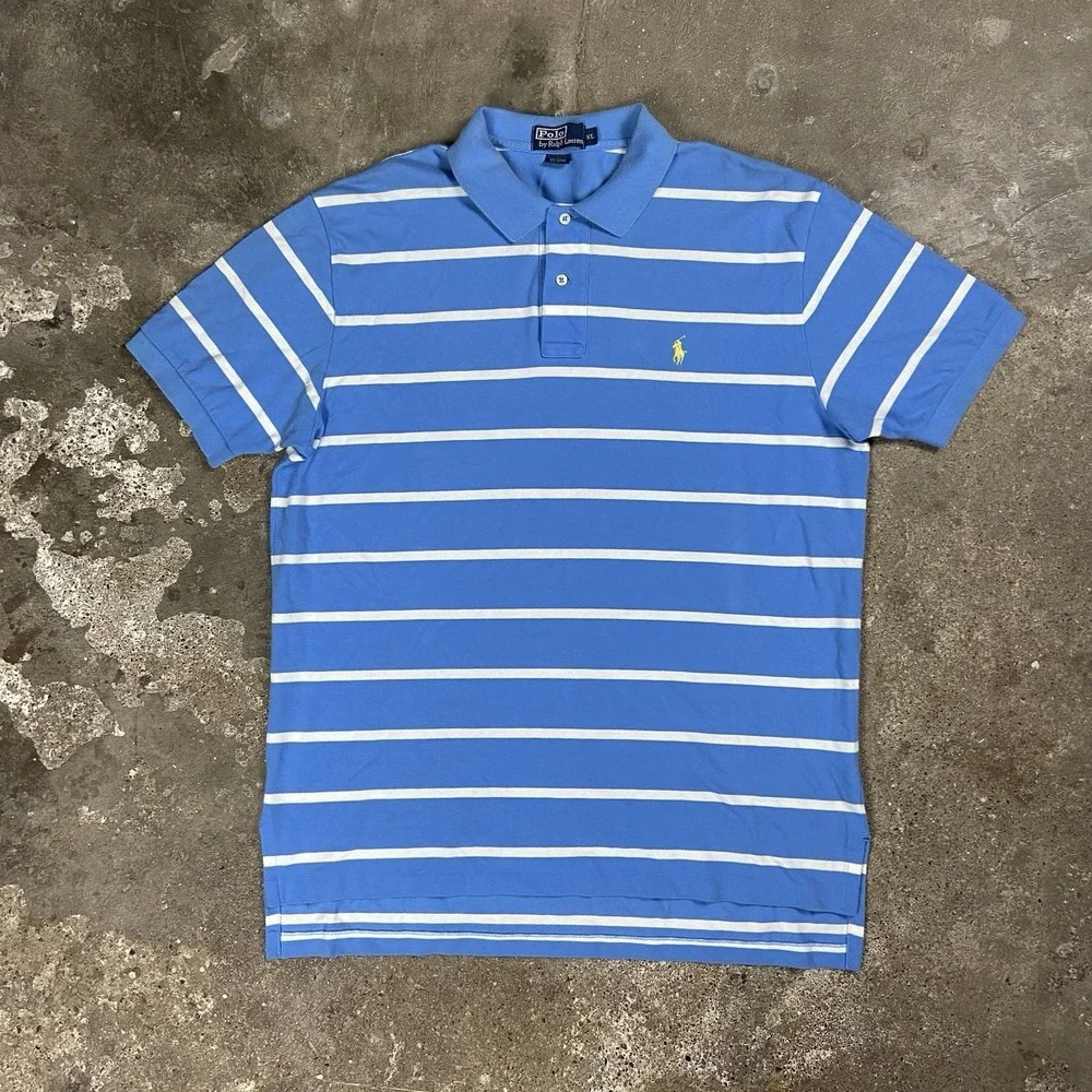 Vintage 90s Polo Ralph Lauren Polo Shirt Size XL Blue Striped Yellow Pony Logo